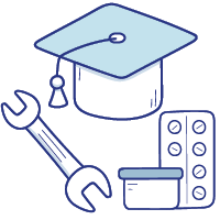 Illustration d'un chapeau de diplômé, avec une clé anglaise et des médicaments, pour symboliser l'aide à la formation dans des domaines spécifiques.