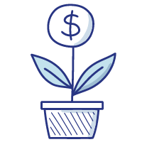 Illustration of a potted plant with a coin in place of the flower, to symbolize moderation of economic growth.