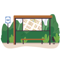 Illustration of a bus shelter in which a map of the bus route can be seen displayed.