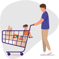 Image d’un homme poussant un panier d’épicerie dans lequel est assise sa petite fille.