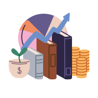 Illustration of a small potted plant with a dollar sign, leaning against a pile of books and pennies. A rising arrow emerges.