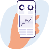 Image d’une main tenant un cellulaire montrant un graphique avec une ligne montante.