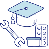 Illustration of a graduate hat, with a wrench and medicine, to symbolize training assistance in specific fields.