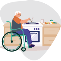 Image d’une personne âgée en fauteuil roulant qui prépare son repas près de la cuisinière électrique.