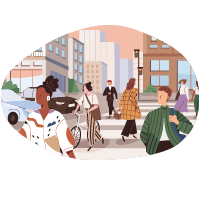 Illustration of a crowd walking in the city.