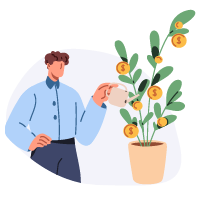 Illustration of a man watering a potted tree, in which money is growing.