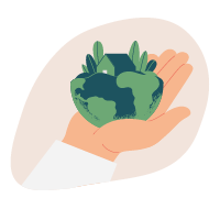 Illustration of a hand holding in its open palm a small house surrounded by greenery.