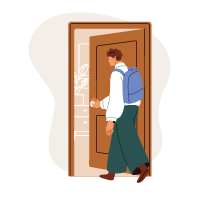 Illustration of a man wearing a backpack opening a door.