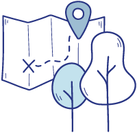 Illustration of two trees in front of a map, to symbolize support for the climate transition and communities.